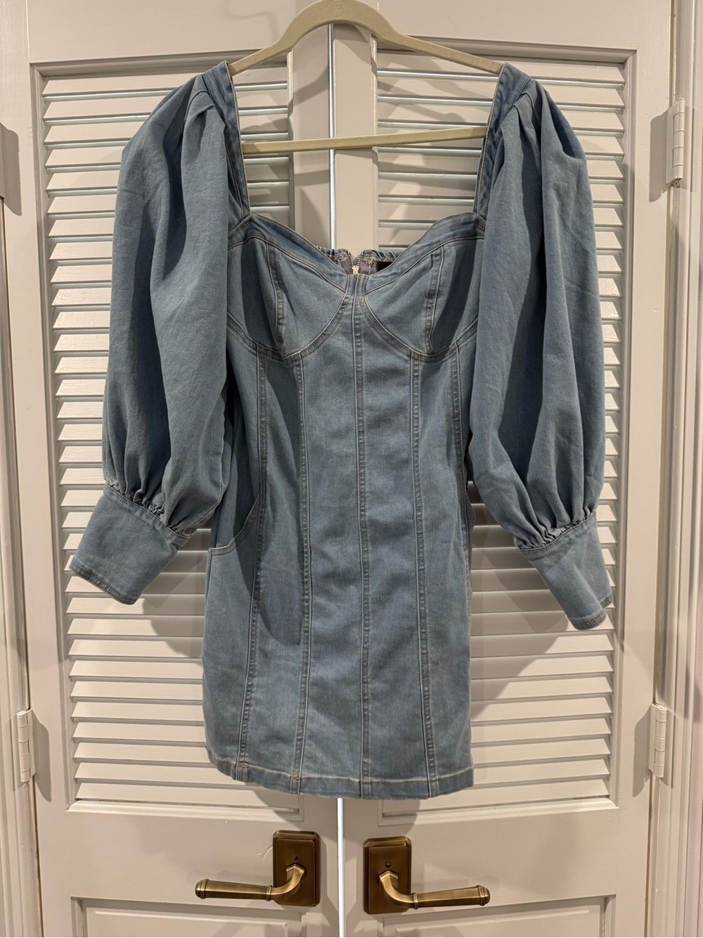 Light Blue Denim Puff-Sleeve Mini Dress